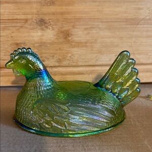 Iridescent Green Glass Hen on nest